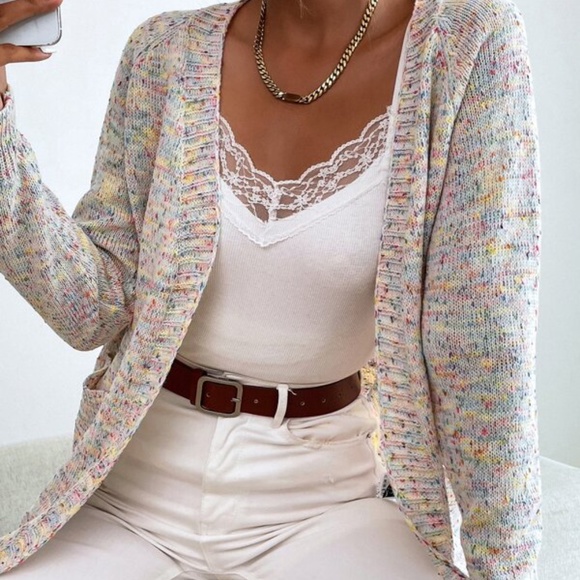 Cozy Cream Speckled Open Front Cardigan Pockets - Picture 3 of 5